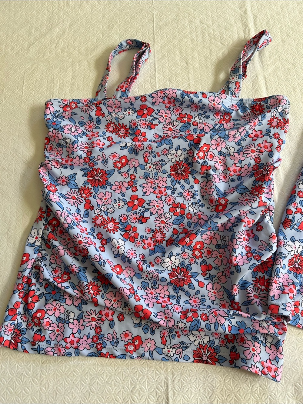 Floral Print  Strap Tank Top - Pink & Red Flowers On Blue Background
